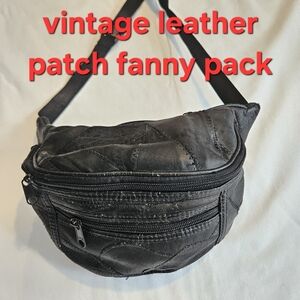 Vintage Leather Patchwork Fanny Pack Black Unisex 9x6 Adjustable Strap